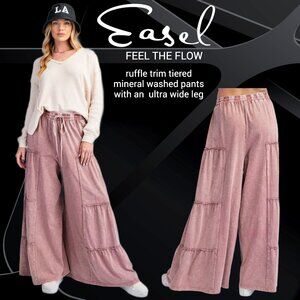 EASEL “Feel The Flow” Wide Leg Mineral Wash Pants Ruffle Trim Tiers Comfy Flowy